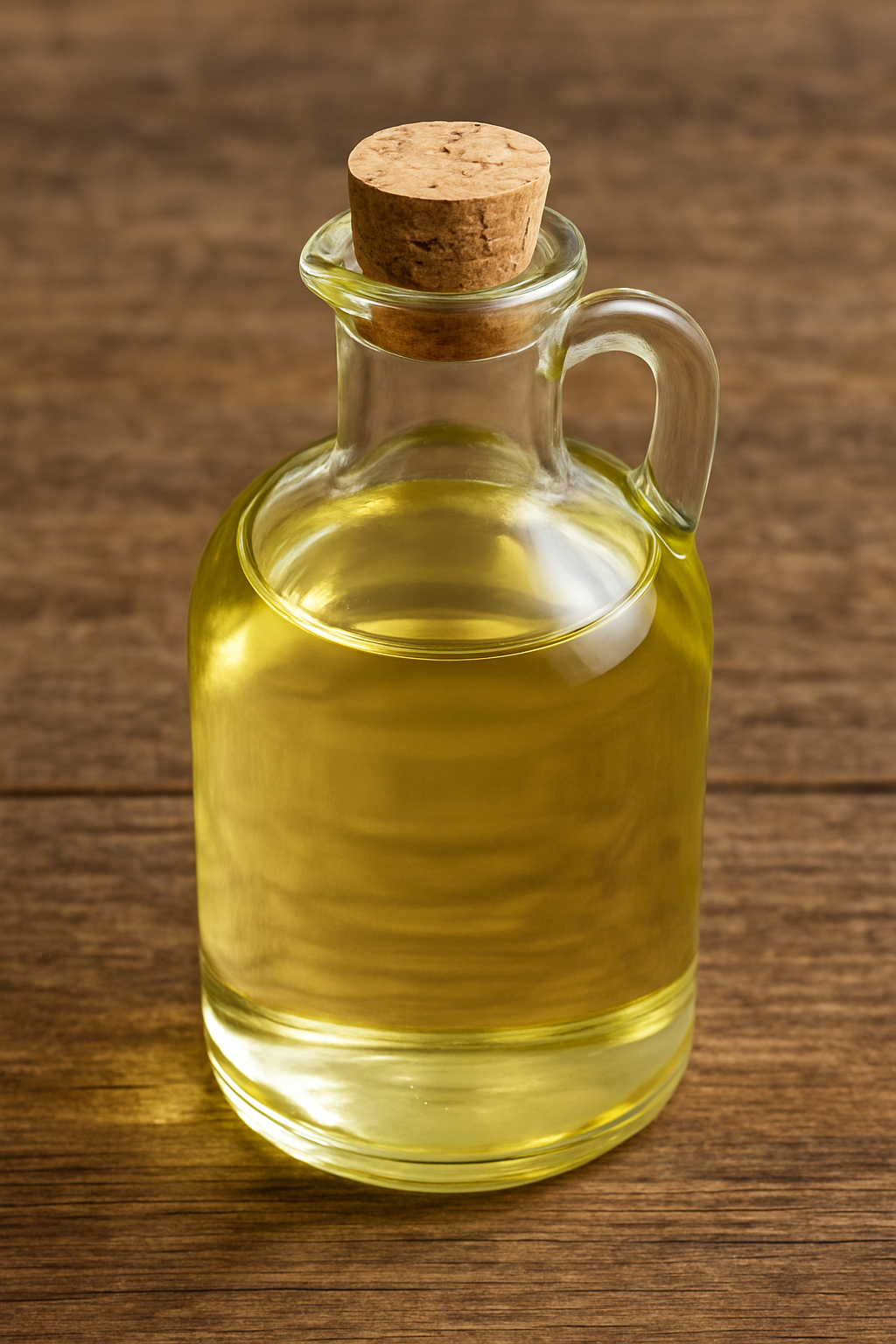 Glass bottle with cork lid containing a castor oil on a wooden surface