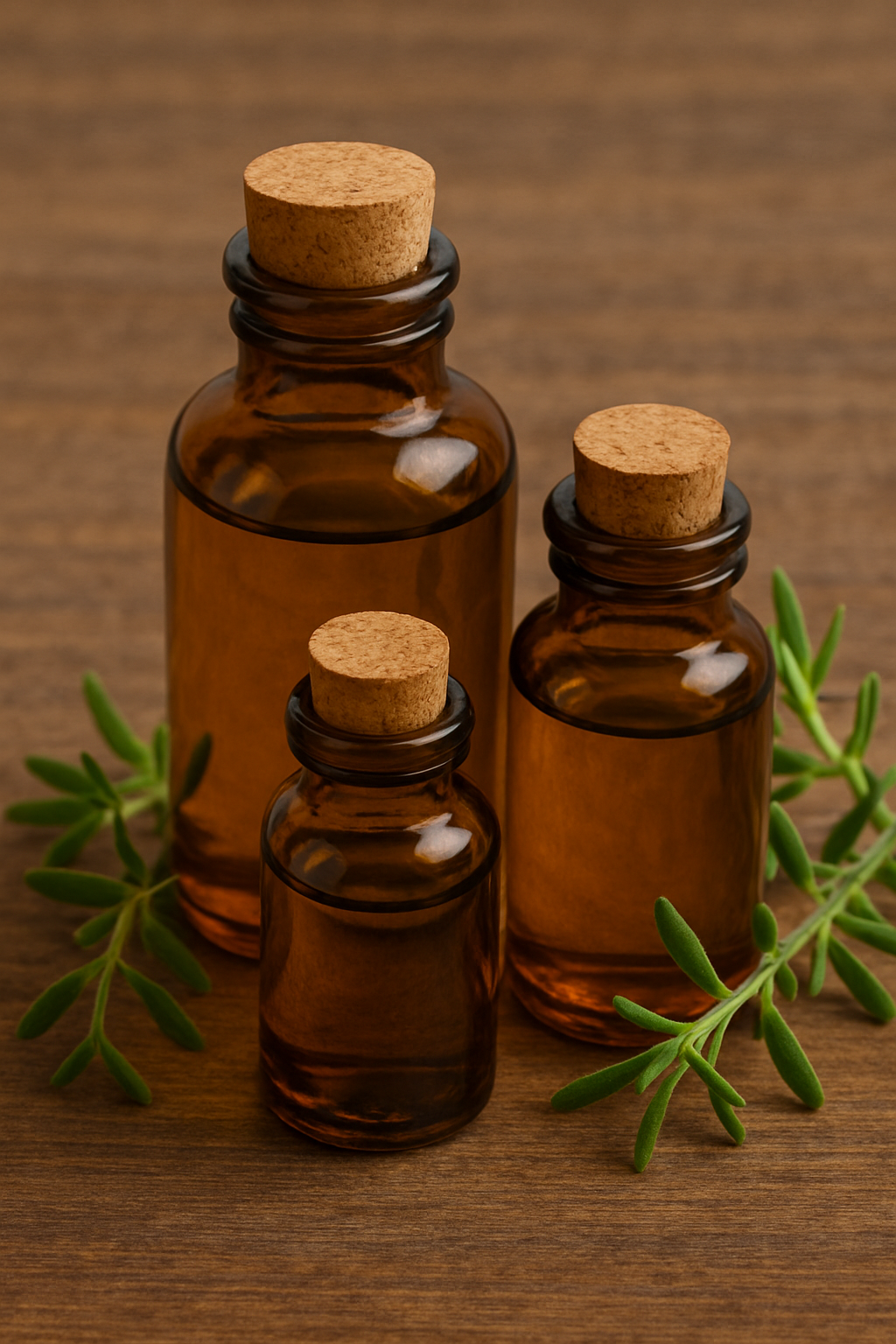 Three brown glass bottles with cork stoppers on a wooden surface with green leaves.